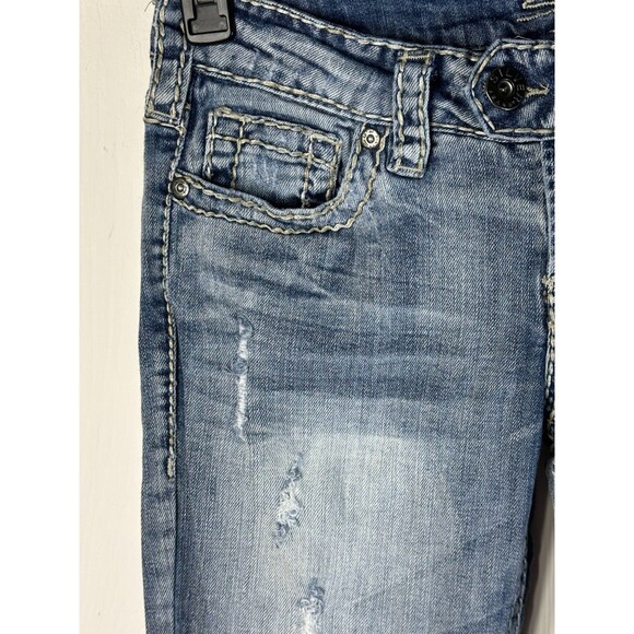 Silver Jeans Women’s 27/33 Tuesday Bootcut Flare Low-Rise Distressed Blue Denim - Picture 6 of 16